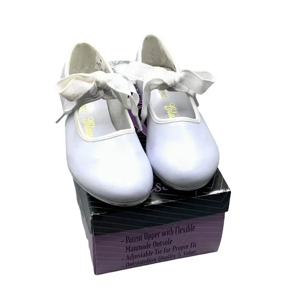 Little Girls Bow Tie White Tap Shoes Tyette Size 13.5 Recital Dance Class - Picture 8 of 8
